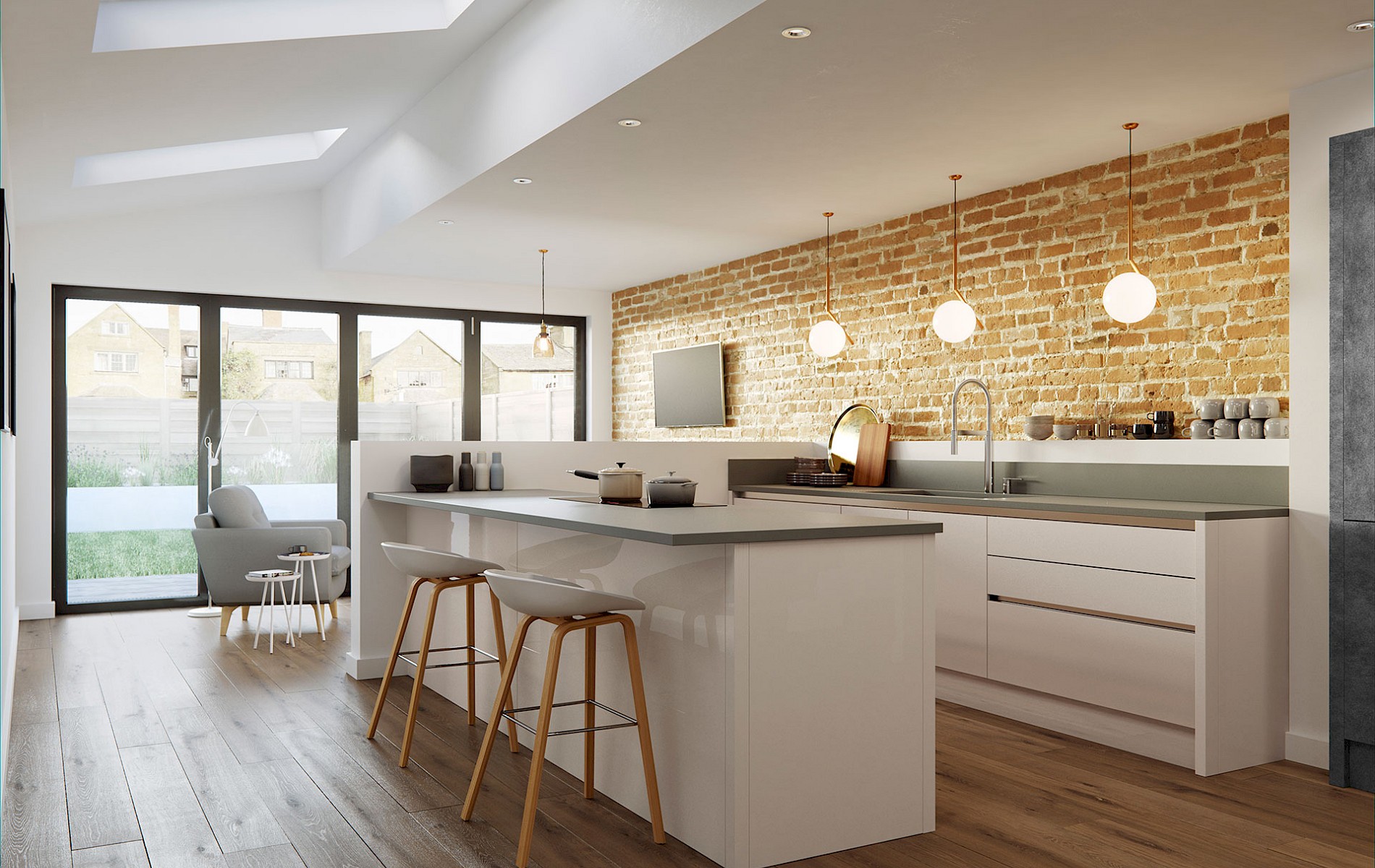Exposed Brick wall kitchen design in our Kitchen Showroom Bury St Edmunds.